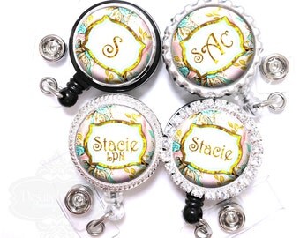 Retractable Id Badge Holder - Personalized Pink and Gold Floral Retractable Nurse Lanyard Reel with Name, Monogram, Occupation Title (A030)