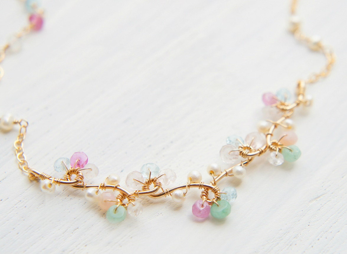 Dainty Gemstones Neckace Pastel Color Jewelry by Yukojewelry
