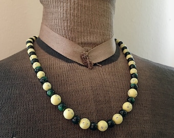 Vintage Green Moonglow Lucite and Rhinestone Encrusted Yellow Plastic Bead Necklace