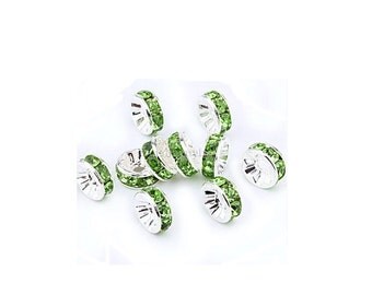 Peridot Crystal Silver Rondelle Spacer Charm Beads , 24 Pcs , 6mm Crystal Rhinestone Spacer Beads