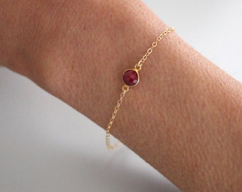 Dainty Ruby bracelet - gold filled - single gemstone - gold chain bracelet