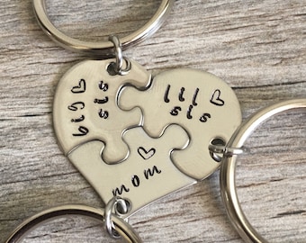 Gift For Mom, Gifts For Mom From Daughters, Mothers Day Gift, Personalized Mom Gift, Hand Stamped heart puzzle piece key chain set, mom