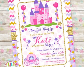 Princess Birthday Invitation, Princess Castle Birthday, Princess Carriage, Princess Birthday Party, Pink Gold Purple, DIY Printable Invite