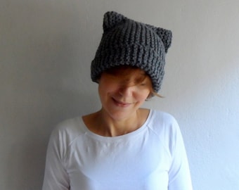 Knit Cat Ear Hat, Cat Ear Beanie, Gray Cat Beanie, Chunky Knit Cat Hat, Winter Accessories, Holiday Fashion, Winter Hat, Gift under 25