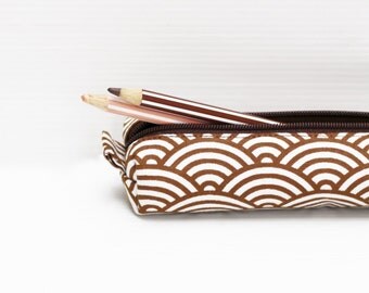 Decorative Mahogany Brown Pencil Case, Cotton Zipper Pouch, Small Cosmetic Case