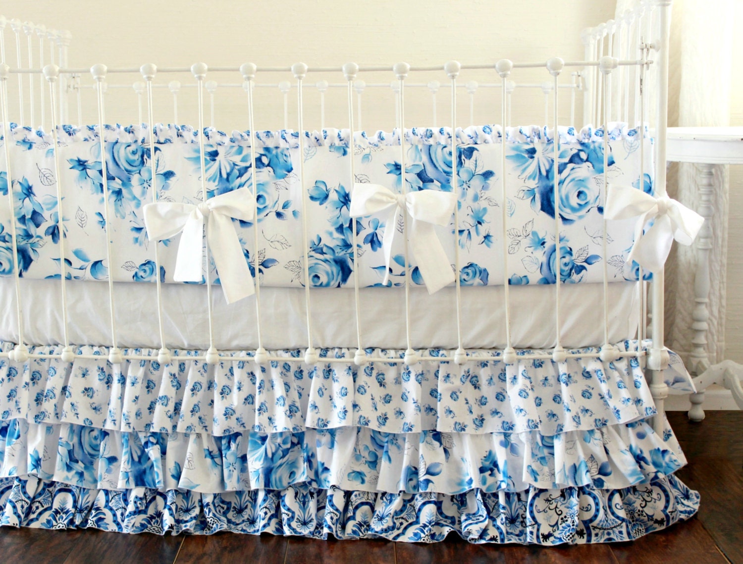 Shabby Chic Baby Girl Crib Bedding Porcelain Blue and White