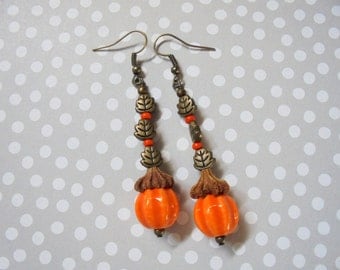 Orange Pumpkin and Leaf Earrings (2308)