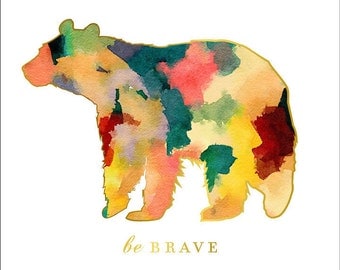 Animal Nursery Art, Woodland Nursery wall Art, Be Brave, Boy Nursery art, Watercolor Nursery Art, Bear Print, forest animal decor, aztec pri