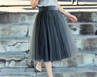 Gray tulle skirt. Tulle skirt women. Tea length tulle skirt. Woman tulle skirt.
