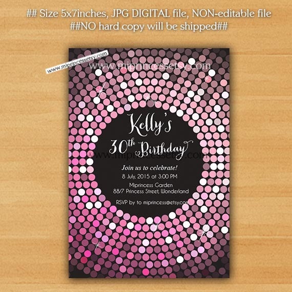 Glitter birthday Invitation, pink disco ball Dance party 10th 16th 18th ...