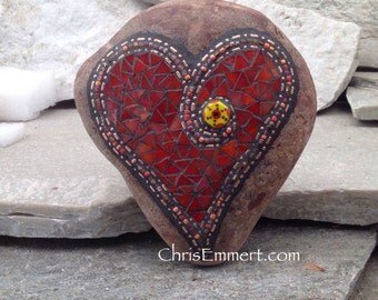 Red/Orange Mosaic Rock, Gardener Gift, Home Decor, Mosaic Garden Stone