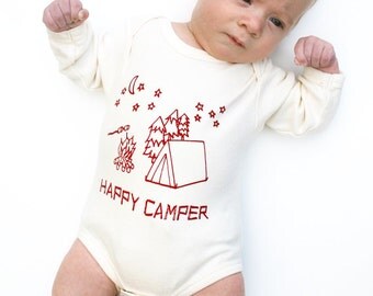 Happy Camper Organic Baby Bodysuit- Natural Long Sleeve Hand-printed with my original drawing- tent, moon, stars, s'mores 0 3 6 12 18 months