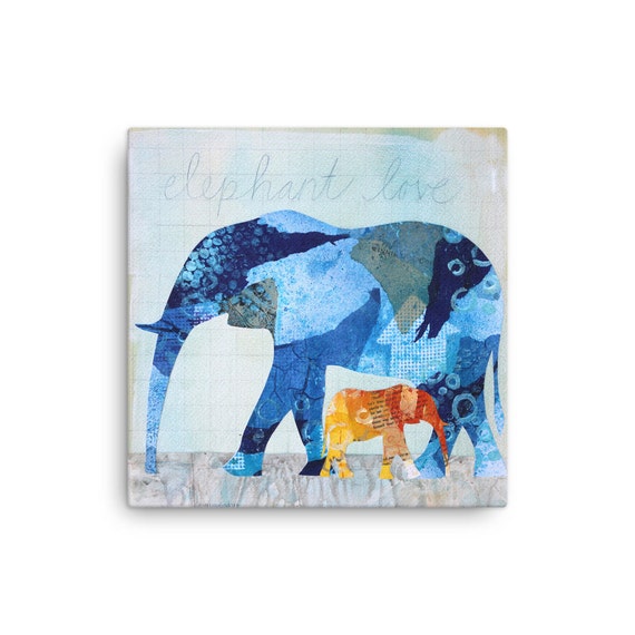 Items similar to Children's Illustration Blue Elephant Love Canvas