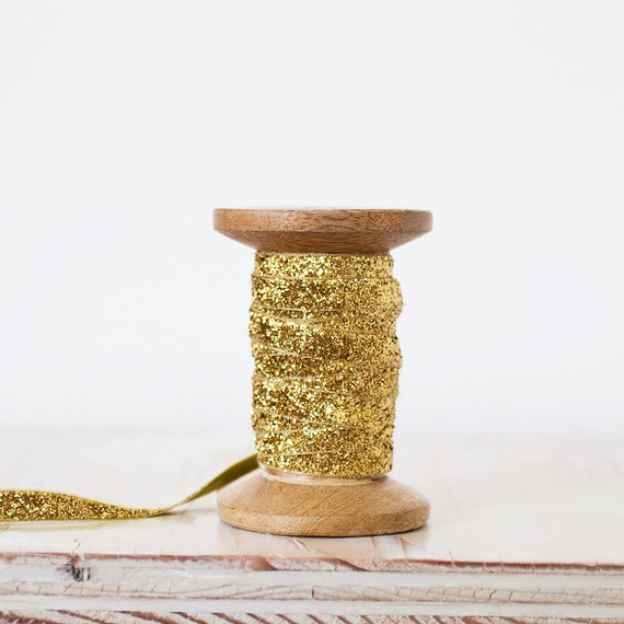 Gold Glitter Velvet Ribbon with Wooden Spool 5 yards
