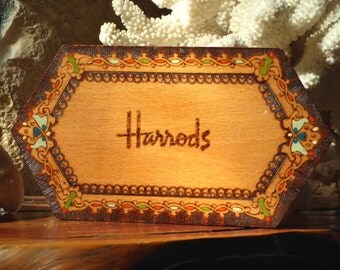 Harrods Wood Box Burned & Painted, Harrods Burned Painted Box