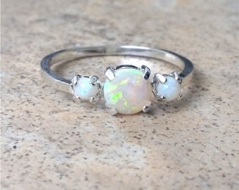 Opal ring - genuine natural Opal 3 stone ring - (October Birthstone)- in Sterling Silver or Gold
