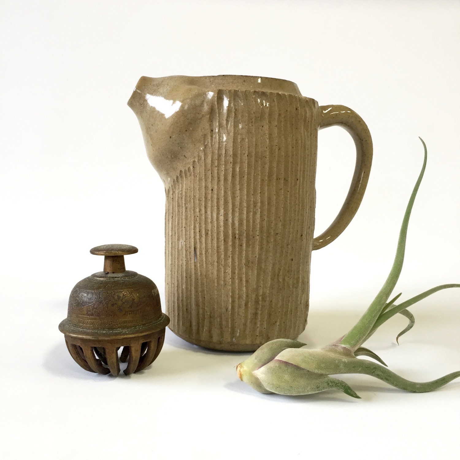 Rustic Ceramic Pitcher Neutral Taupe Pottery Stamped Kelowna