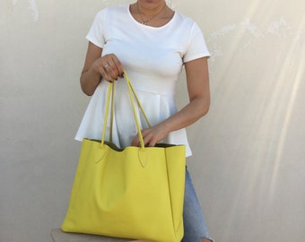 Leather bag Leather tote bag Yellow leather bag Tote bag Women bag
