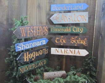 Fantasy Story Signs - Hogwarts Neverland Narnia Alice Wonderland Shire Shannara Westeros Emerald City Wizard Oz Avalon - Cedar Wood Decor