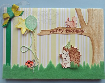 Handmade/Painted Hedgehog & Friends Birthday Card.