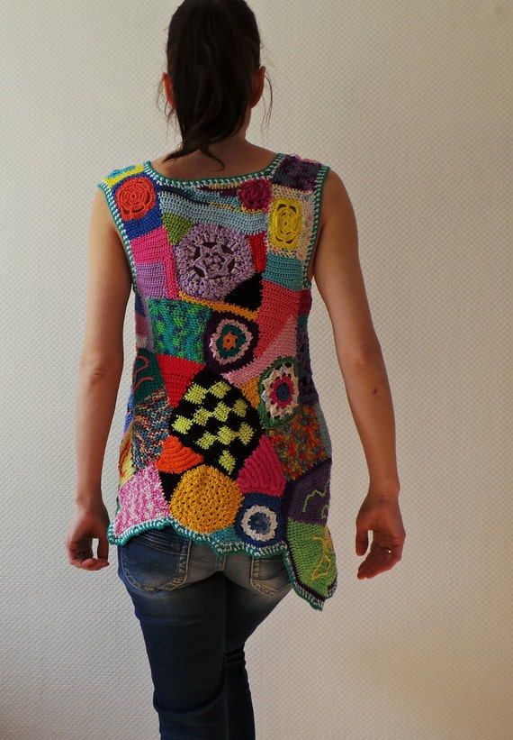 Freeform crochet tunic - multicolor patchwork art crochet top vest - ready to ship - size S-M