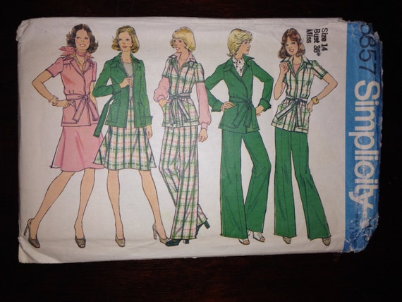Simplicity 6857 Sewing Pattern Uncut 70s Misses Unlined Front-Wrap Jacket, Skirt and Pants Size 14