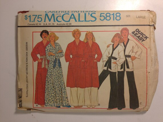 McCalls Sewing Pattern 5818 70s Misses and Mens Robe or Jacket and Pants Size Large Chest 40-42 Uncut