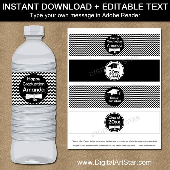 Graduation Water Bottle Labels Printable PDF Black and White