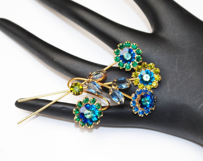 Rhinestone Flower Brooch - Blue Green Crystal - Floral Spray pin