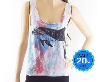 Whale Dolphin tank Cute tee funny tees summer Animal Design Tank Top Dyed Fabrics Women Crop Top Tee Shirt Whale T-Shirt Screen Print Size S