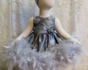 3 - 6 mo. Slate Gray Rosette Iridescent Sequin Feather Dress & Matching Headband, Baby Pageant Dress Set, Baby Shower Gift, Ready to Ship!