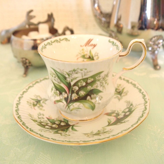 Tea Cup Set Lily of the Valley May Green and White Floral