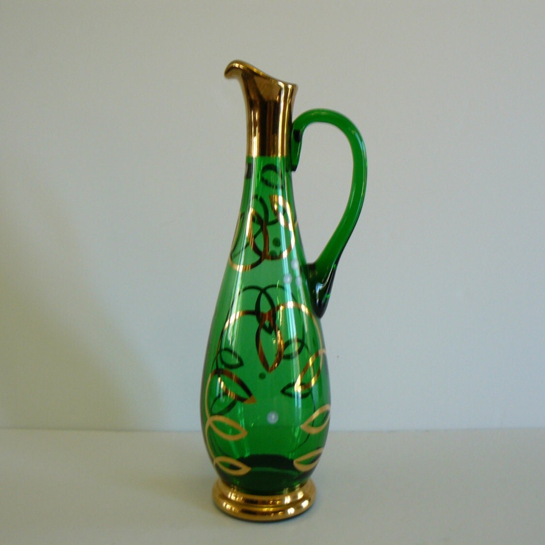 Vintage Bohemia Green Crystal Vase or Pitcher Wedding Gold