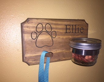 Personalized rustic dog treat jar leash holder paw style half pint mason jar hook pawprint engraved