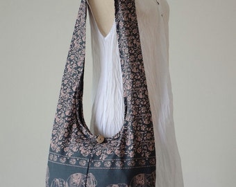 Elephant Bag Hippie Hobo Bag Sling Crossbody Bag Boho Bag Shoulder Bag Messenger Bag Cotton Bag Purse Tote Bag Handbags, Slate Gray