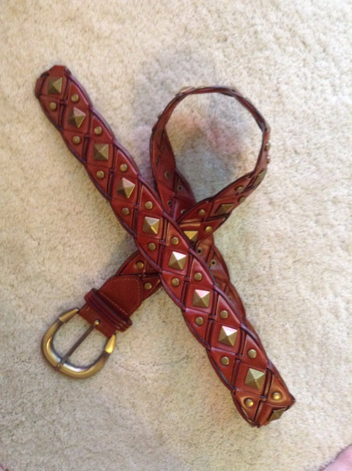 Ladies XL Brown Leather & Nail Head Belt / Vintage Ladies