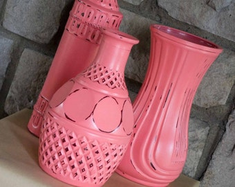 Vintage Painted Glass Vases, SHABBY CHIC VASES, Coral Vases, Wedding Vases