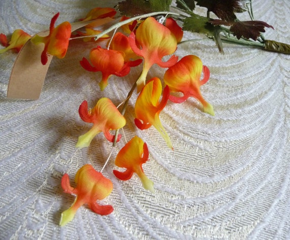 Vintage Bleeding Heart Silk Flowers Spray Coral Yellow NOS