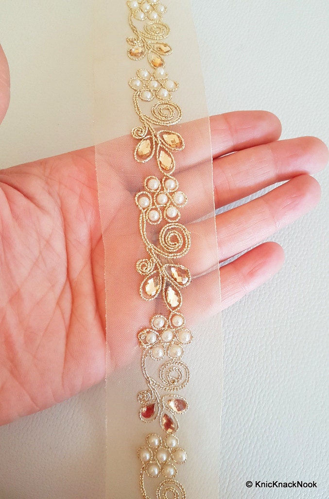 Gold Sheer Trim, Gold Embroidery With FlatBack Pearl And Gold Beads