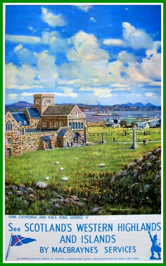 Art Print Scotland Western Isles Iona Travel Poster 1950s