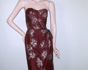 Vintage 1950s ALFRED SHAHEEN Sarong Hawaiian Dress Metallic Gold Silver Pinup Girl Bombshell VLV Tiki Rockabilly Shelf Bust Boning Dress