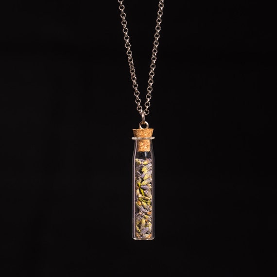 FREE SHIPPING - Lavender Bud Vial Pendant - Necklace Lavender Potpourri Glass Globe Necklace