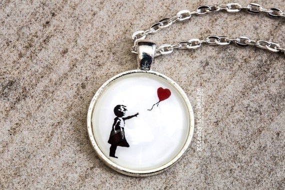 FREE SHIPPING - Banksy Glass Pendant Necklace - Handmade Jewellery - Jewelry - Unique Gift - Girl & Balloon