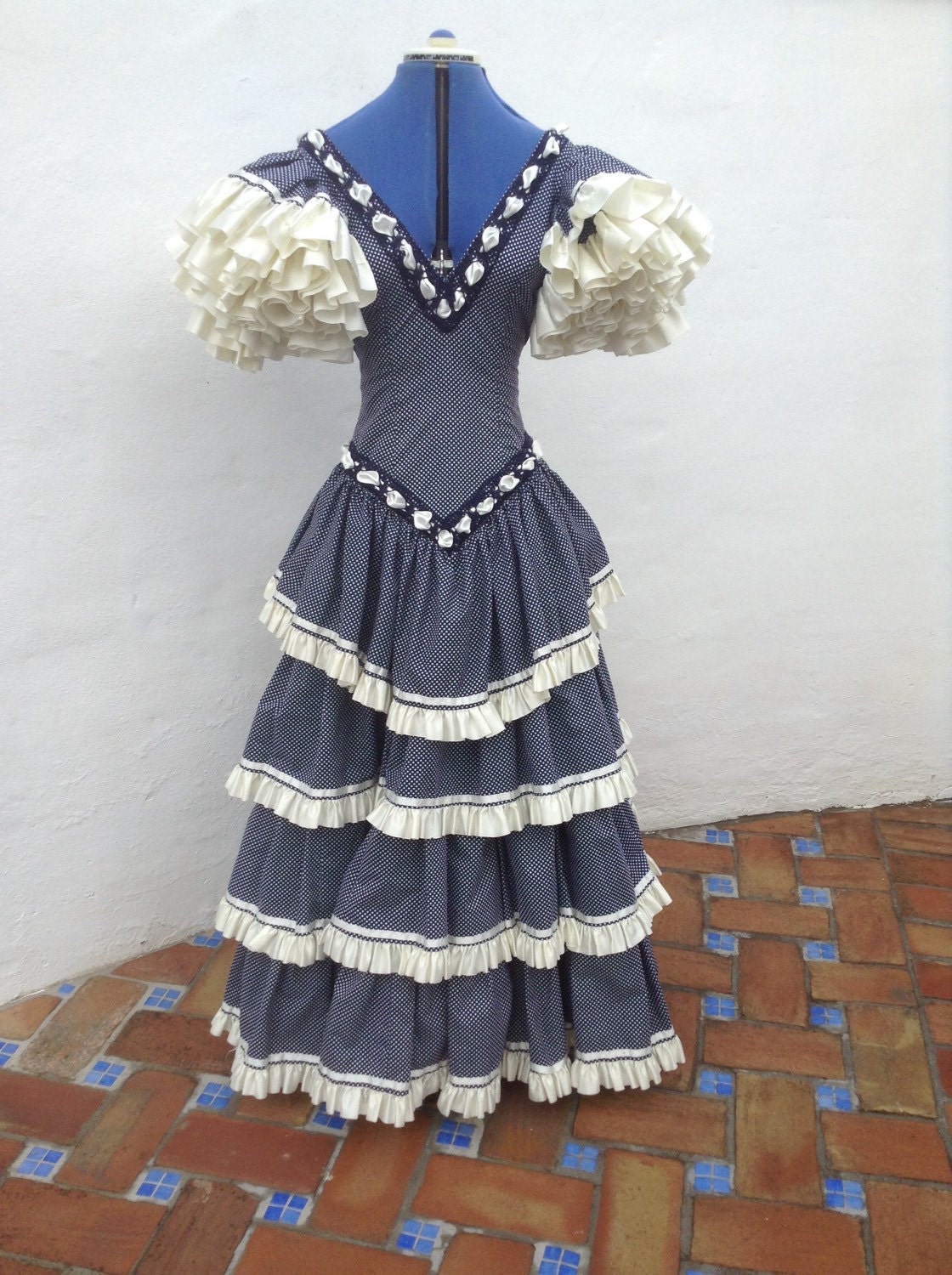 Vintage Spanish Flamenco Dress 36 Bust Navy Blue/ White