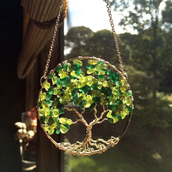 Ash Tree SunCatcher Tree of Life Green Onyx Gemstone on Silver