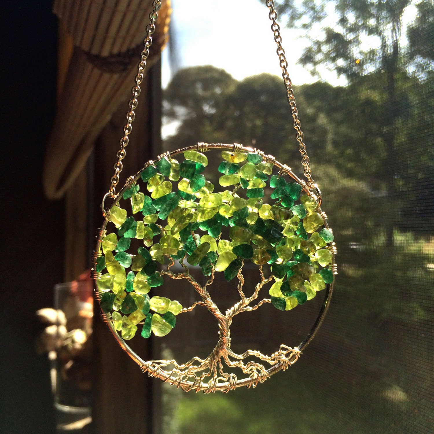 Ash Tree SunCatcher Tree of Life Green Onyx Gemstone on Silver