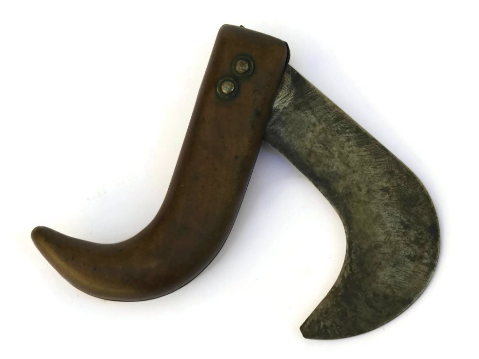 French Grape Harvest Knife. Antique Wood Folding Knife.