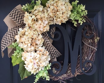 Wreath - Everyday Wreath - Cream Hydrangea Burlap Chevron Wreath - Monogrammed Wreath - Housewarming Gift - Wreaths - Gift - Spring Wreath