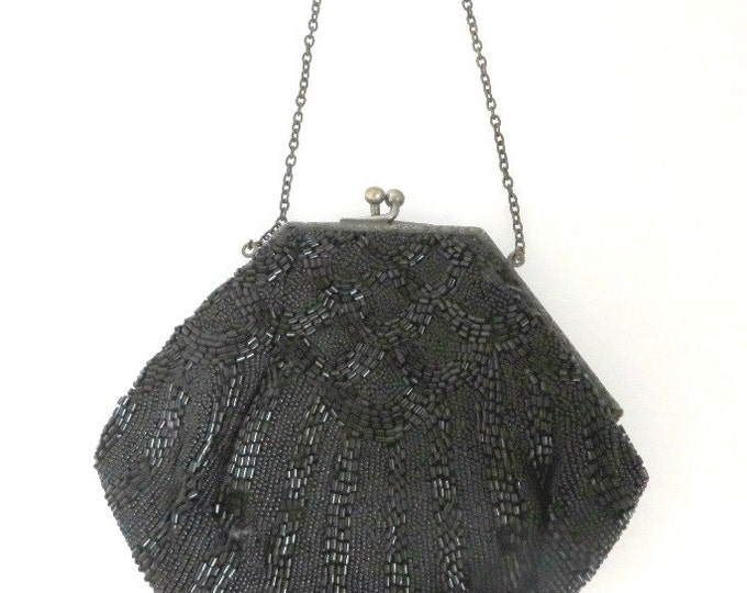 Vintage Black Beaded Evening Bag, 1940s-50s Handbag, Evening Wear, Sparkly Black Purse