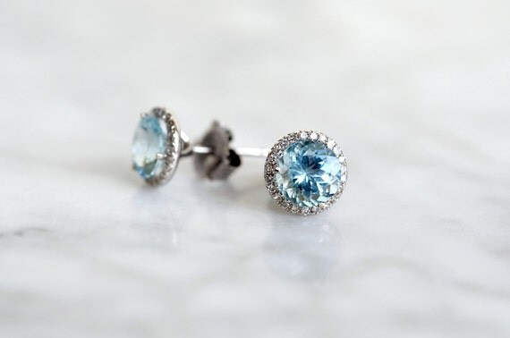 Items Similar To 2.41 Carat Aquamarine Stud Earrings With Diamond Halo ...